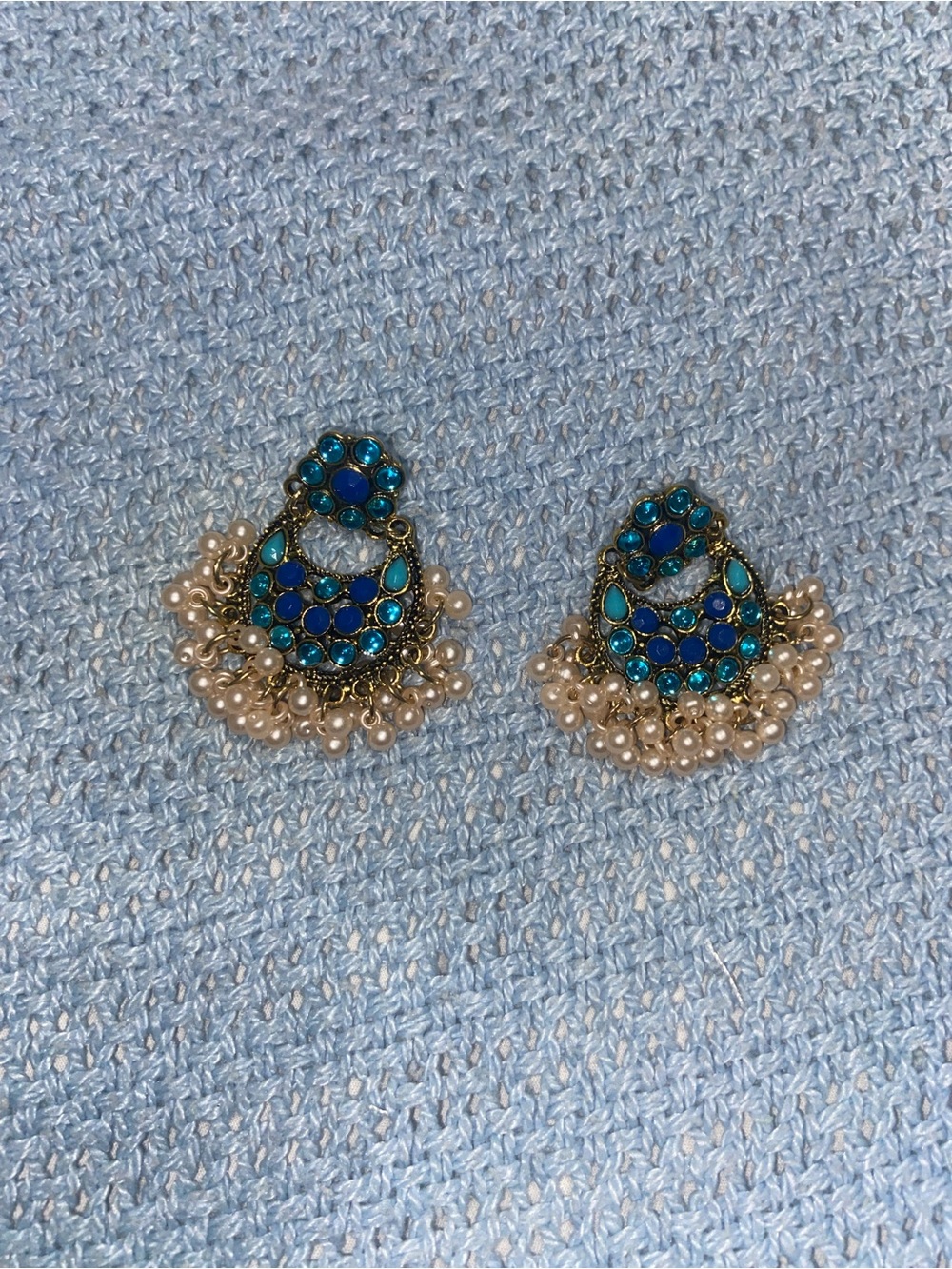 Artisan Blue and Pearl Cluster Earrings